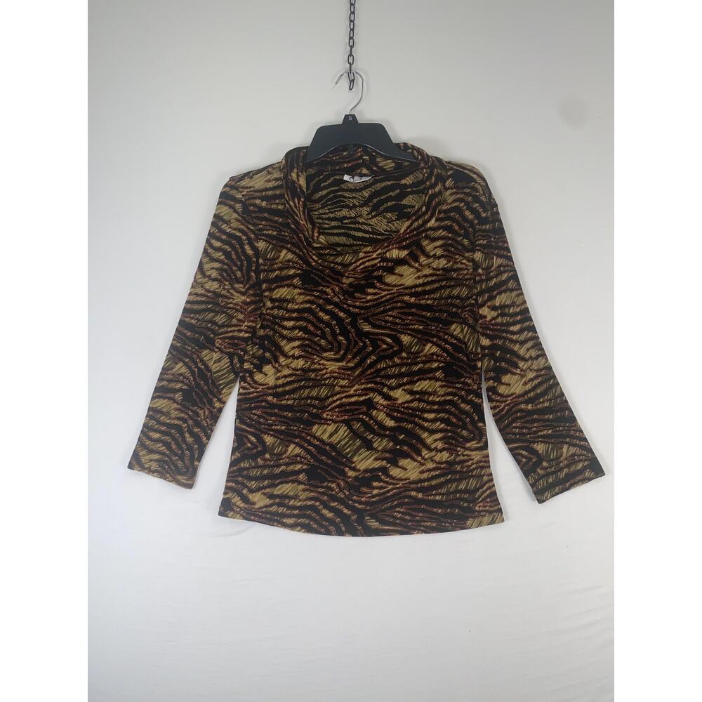 Carducci Blouse Womens Small Brown Tiger Print Cowl Neck 3/4 Sleeve Knit Top